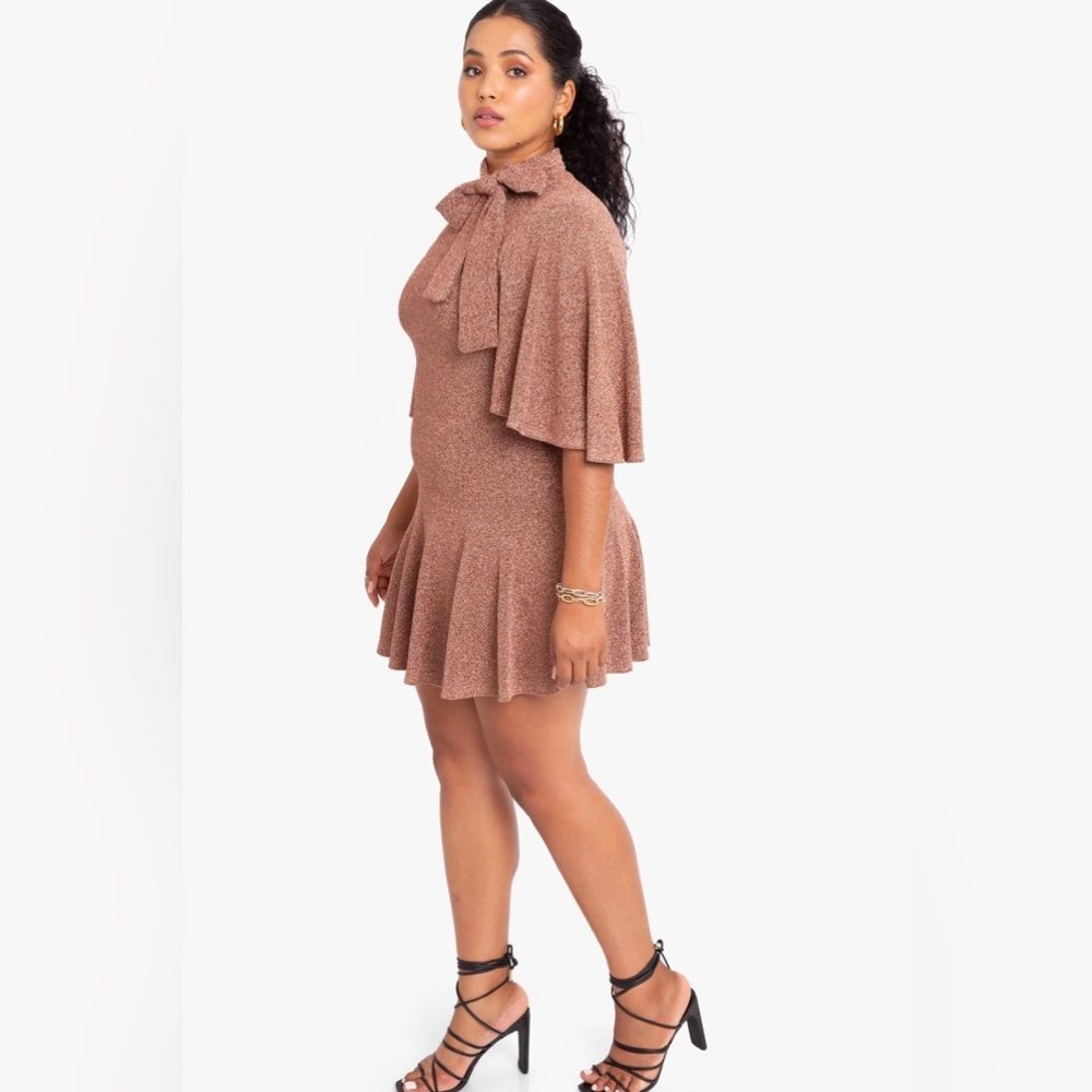Black Halo Coralia Mini Dress Metallic Bow Neck Flounce Hem Copper Zest 12 NW - Picture 6 of 13